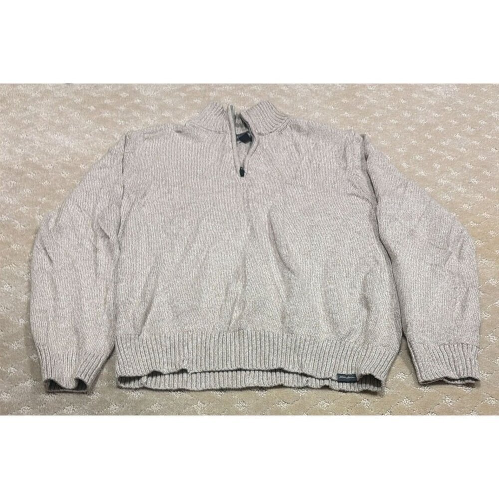 Eddie Bauer Sweater Men's L Beige 1/4 Zip Mock Neck Ribbed Knit Pullover Cotton